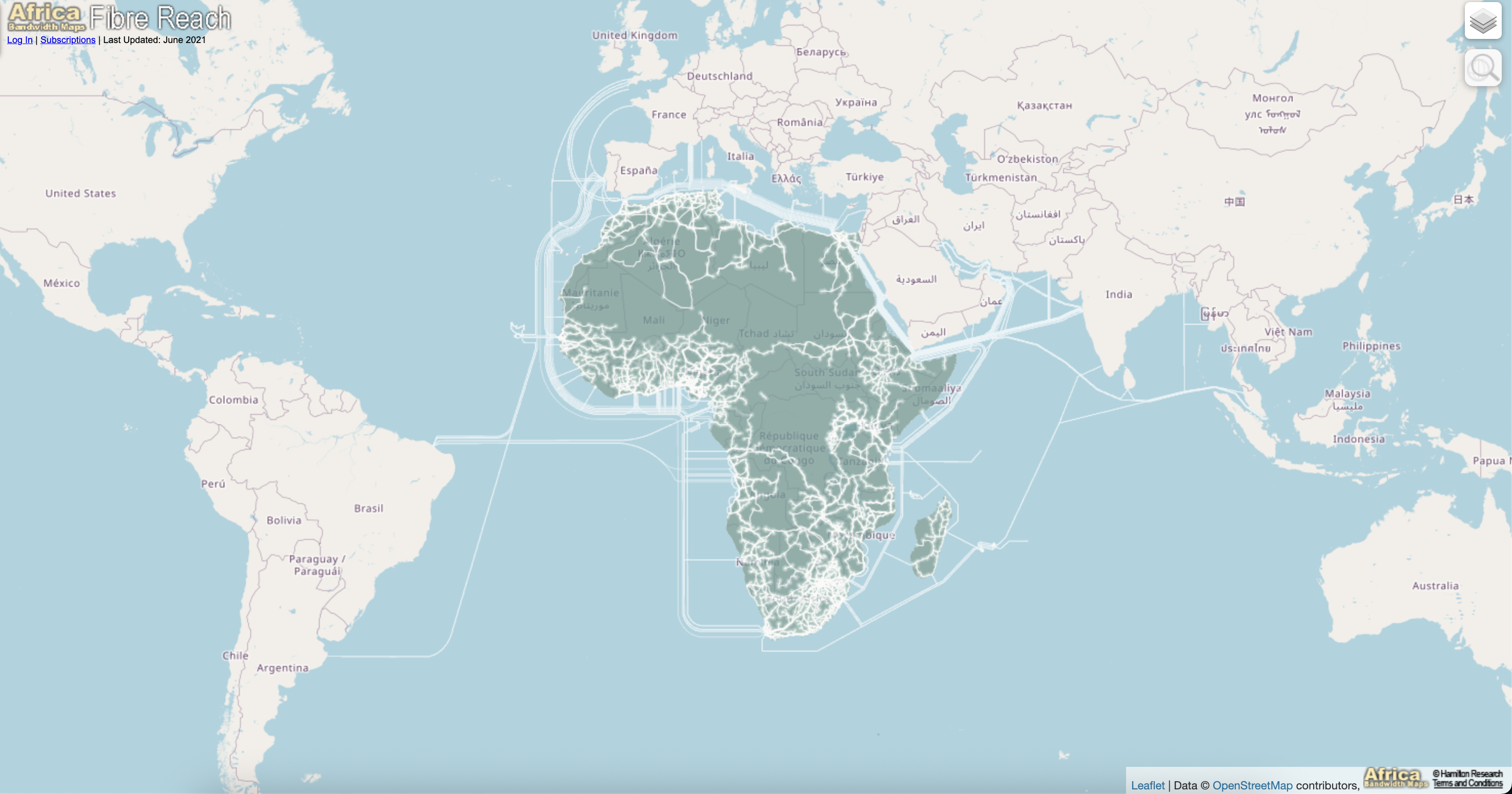 Carte du réseau de fibre optique en Afrique
